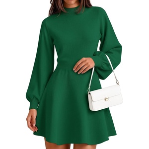 ZESICA Womens Fall Mock Neck Long Lantern Sleeve Sweater Mini Dress(Green)