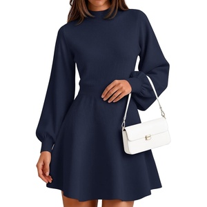 ZESICA Womens Fall Mock Neck Long Lantern Sleeve Sweater Mini Dress(Navy)