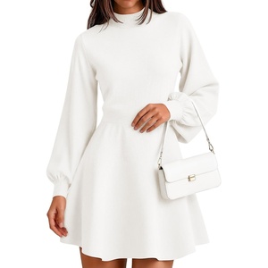 ZESICA Womens Fall Mock Neck Long Lantern Sleeve Sweater Mini Dress(White)
