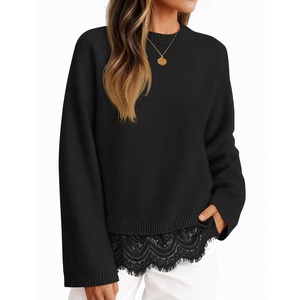 ZESICA Women’s Fall Winter Sweaters 2026 Lace Trim Pullover Tops(Black)