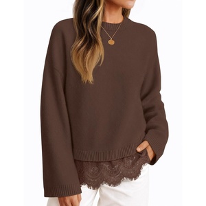 ZESICA Women’s Fall Winter Sweaters 2026 Lace Trim Pullover Tops(Brown)