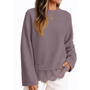 ZESICA Women’s Fall Winter Sweaters 2026 Lace Trim Pullover Tops(Dusty Purple)