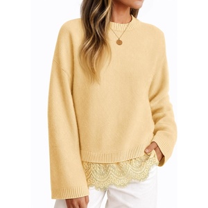 ZESICA Women’s Fall Winter Sweaters 2026 Lace Trim Pullover Tops(Light Yellow)