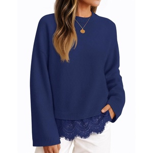 ZESICA Women’s Fall Winter Sweaters 2026 Lace Trim Pullover Tops(Navy)
