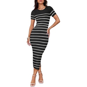 ZESICA Women’s Summer Striped Short Sleeve Bodycon Sweater Dress(Black)