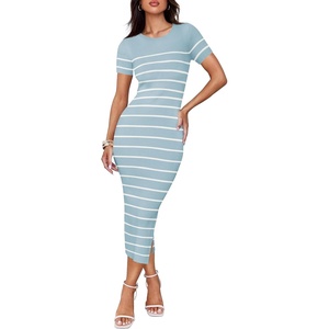 ZESICA Women’s Summer Striped Short Sleeve Bodycon Sweater Dress(Light Blue)