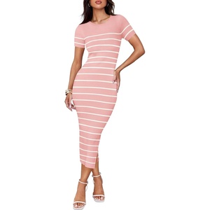 ZESICA Women’s Summer Striped Short Sleeve Bodycon Sweater Dress(Pink)