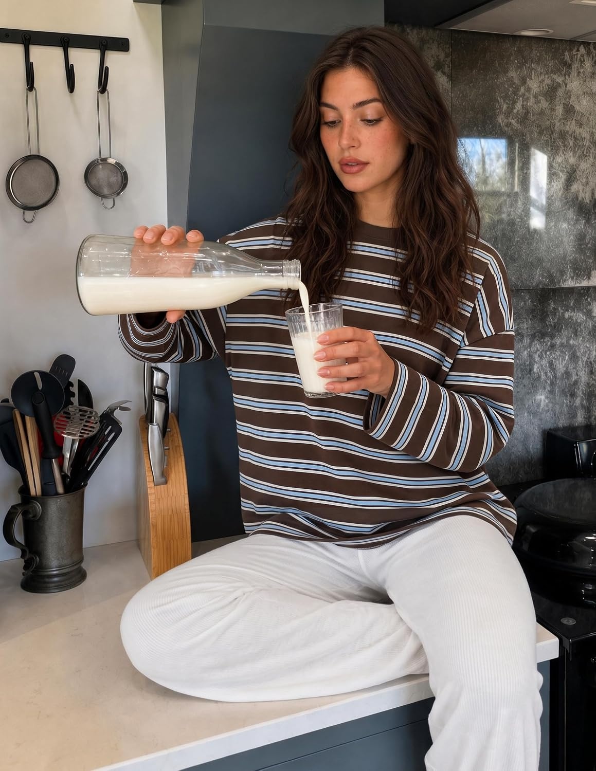 image:imageZESICA Womens Striped Oversized Fall Long Sleeve TShirts Y2K Going Out TopBrown