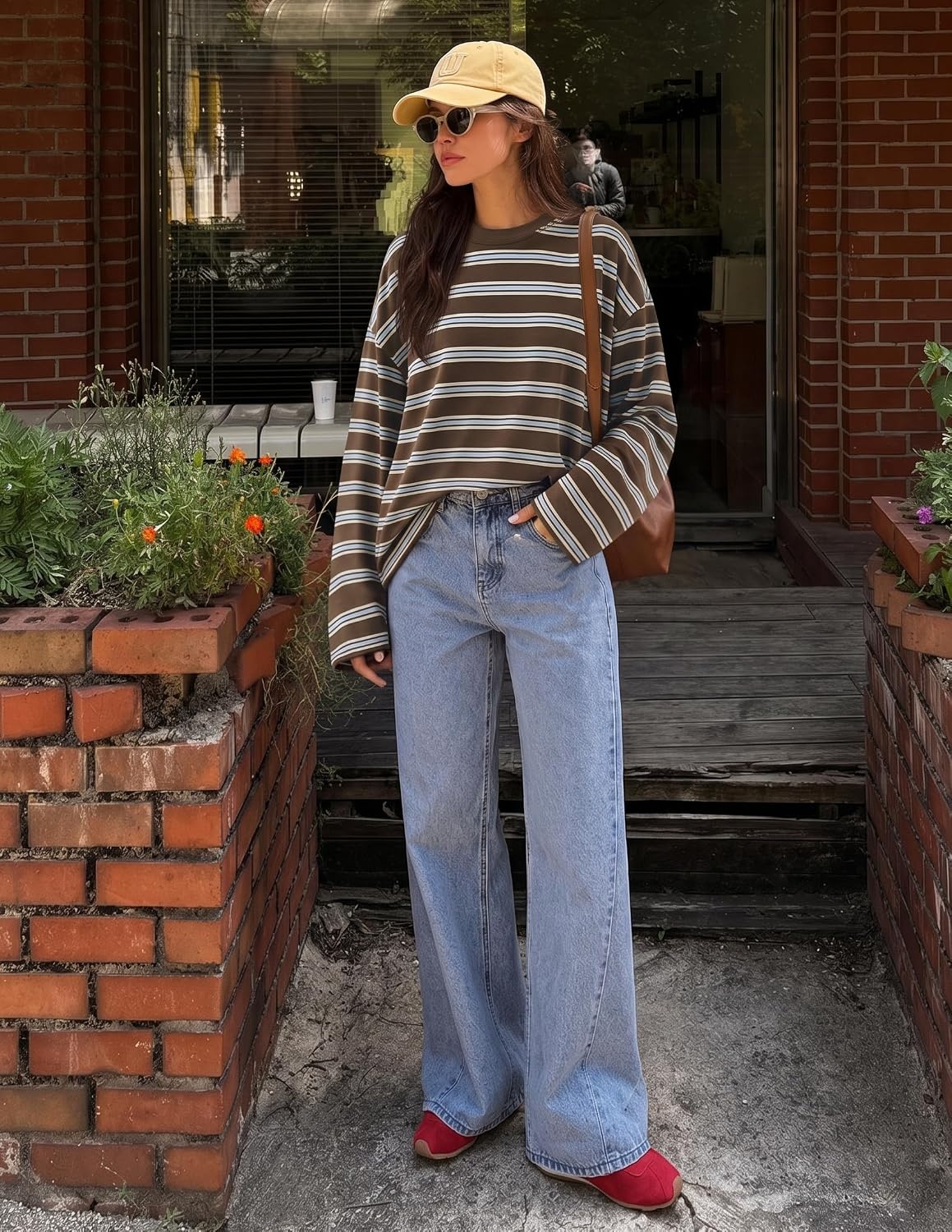 image:imageZESICA Womens Striped Oversized Fall Long Sleeve TShirts Y2K Going Out TopBrown