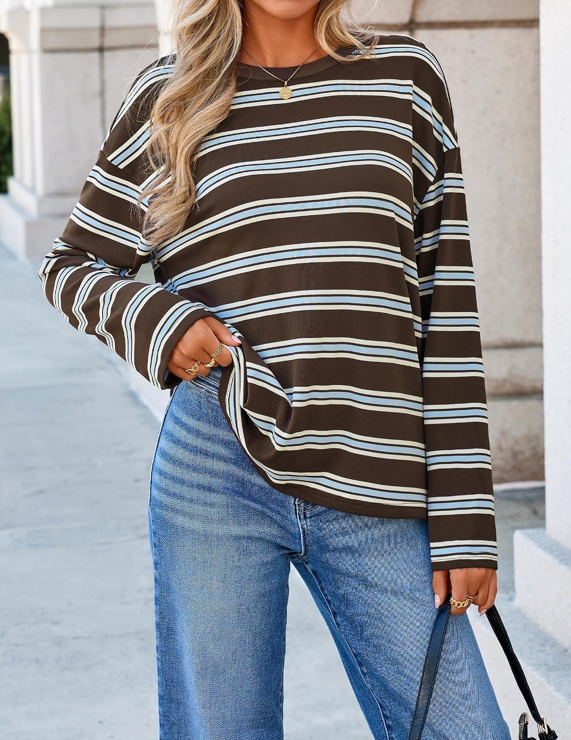 image:imageZESICA Womens Striped Oversized Fall Long Sleeve TShirts Y2K Going Out TopBrown