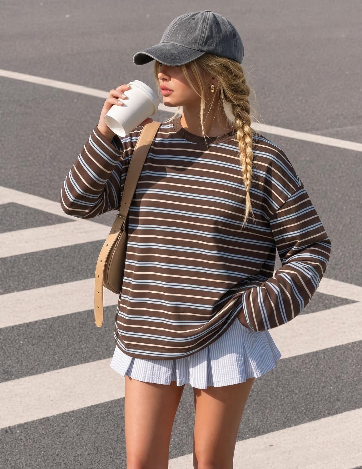image:imageZESICA Womens Striped Oversized Fall Long Sleeve TShirts Y2K Going Out TopCoffee