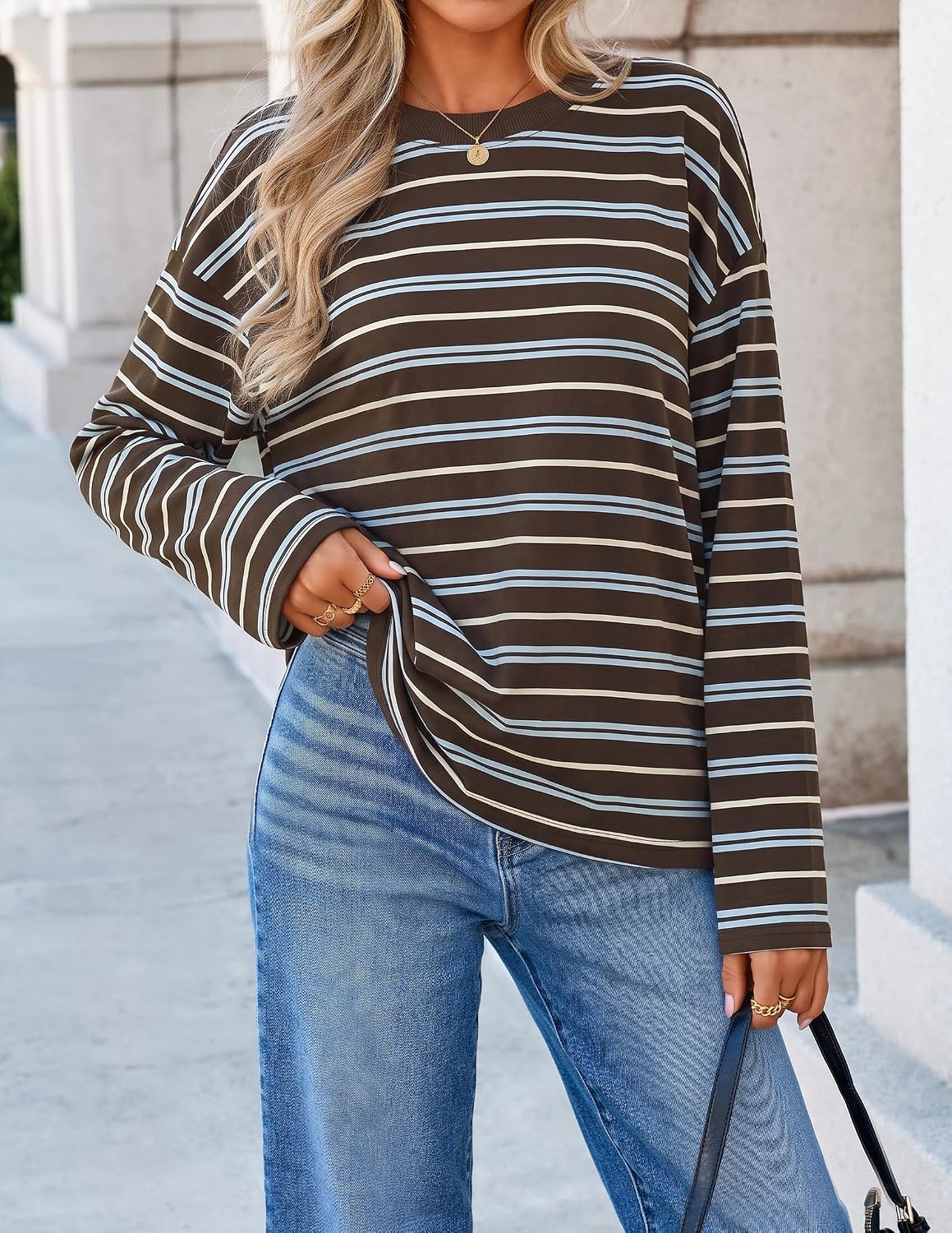 image:imageZESICA Womens Striped Oversized Fall Long Sleeve TShirts Y2K Going Out TopCoffee