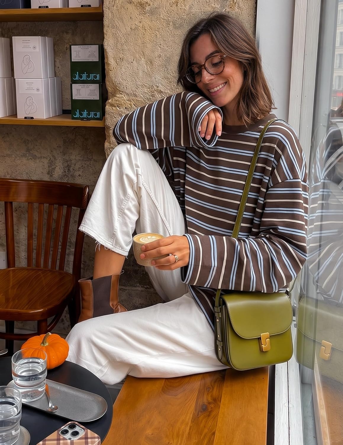 image:imageZESICA Womens Striped Oversized Fall Long Sleeve TShirts Y2K Going Out TopCoffee