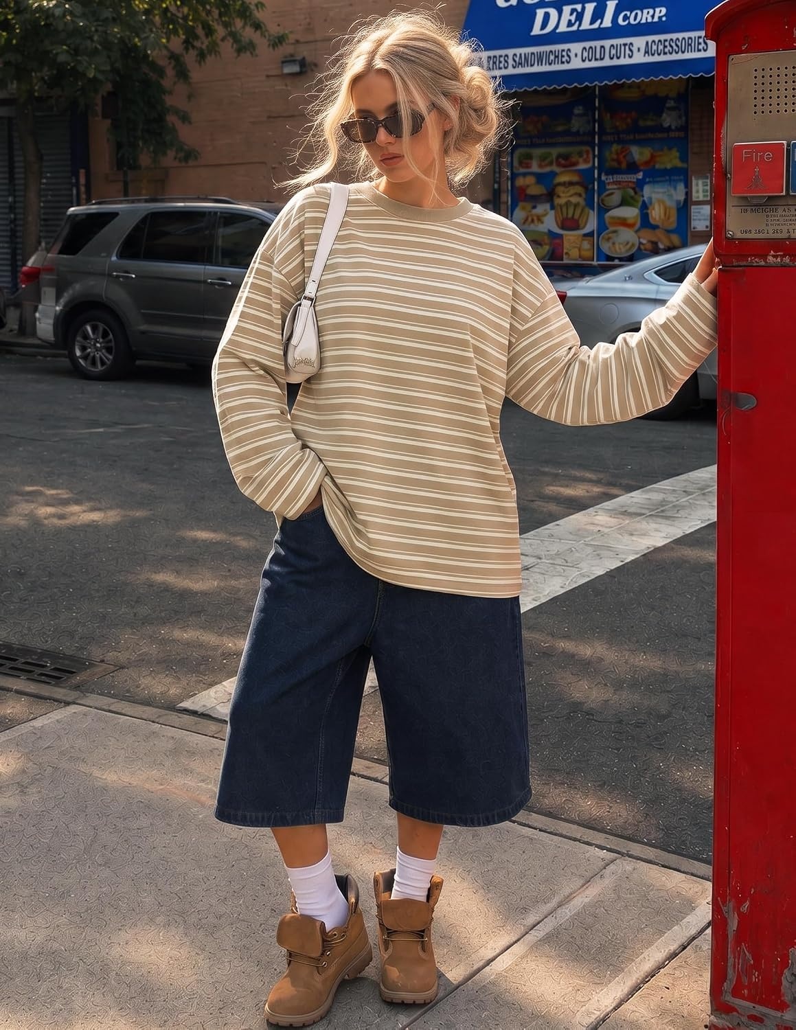 image:imageZESICA Womens Striped Oversized Fall Long Sleeve TShirts Y2K Going Out TopKhaki
