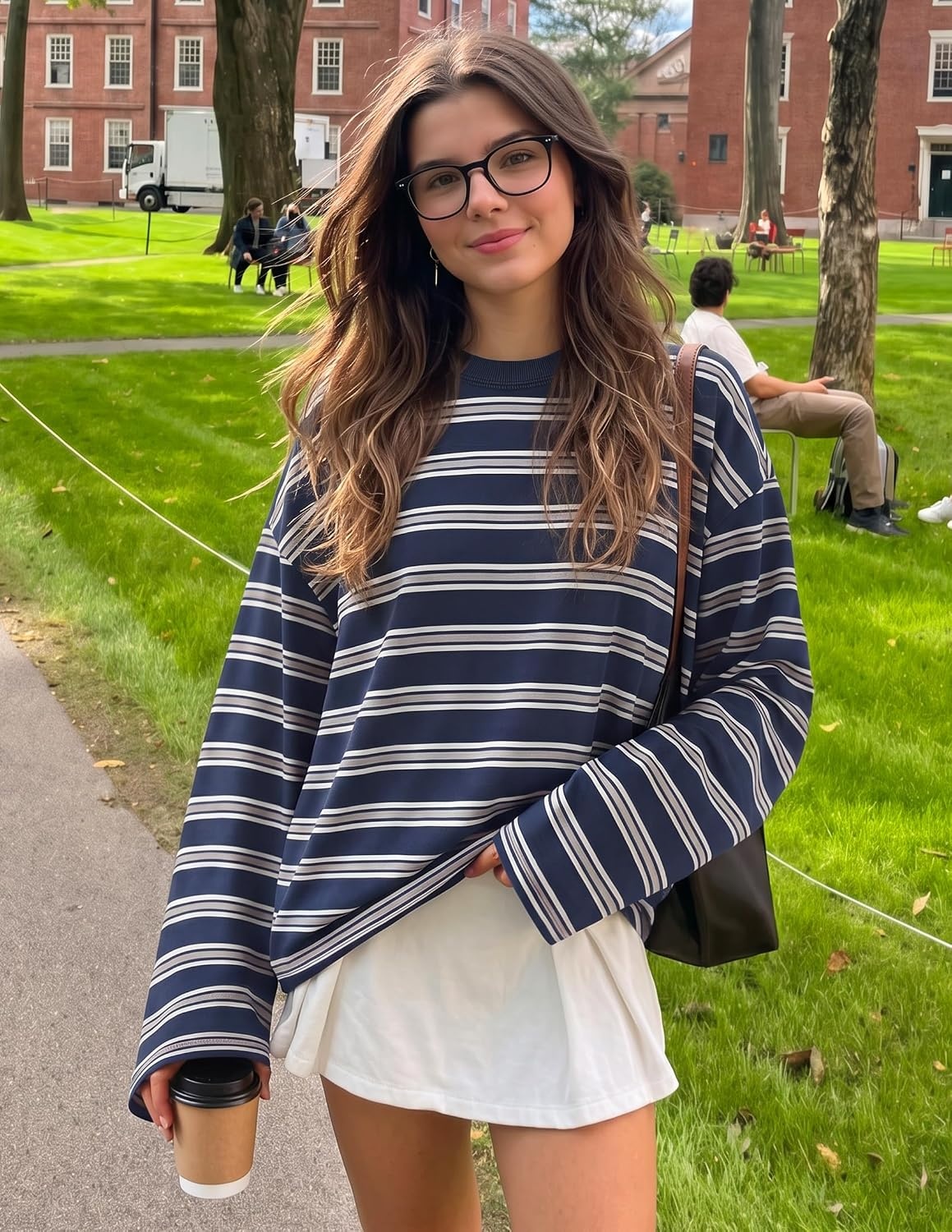 image:imageZESICA Womens Striped Oversized Fall Long Sleeve TShirts Y2K Going Out TopNavy