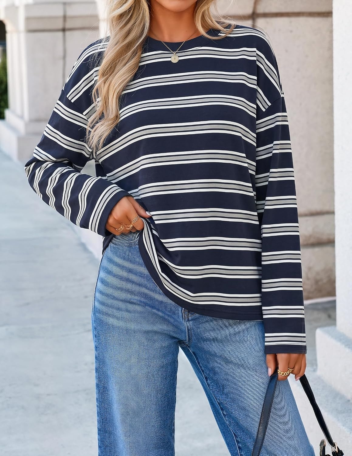image:imageZESICA Womens Striped Oversized Fall Long Sleeve TShirts Y2K Going Out TopNavy