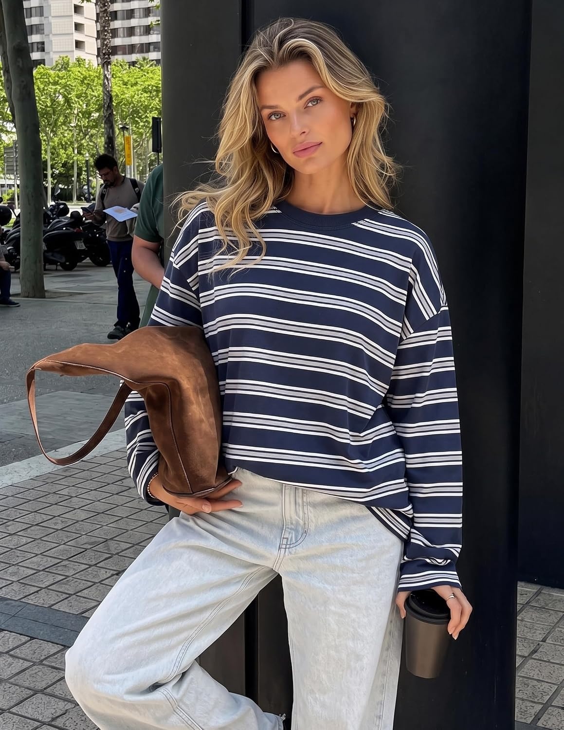 image:imageZESICA Womens Striped Oversized Fall Long Sleeve TShirts Y2K Going Out TopNavy
