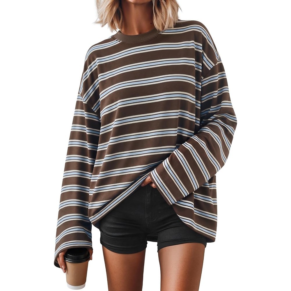 image:imageZESICA Womens Striped Oversized Fall Long Sleeve TShirts Y2K Going Out TopBrown