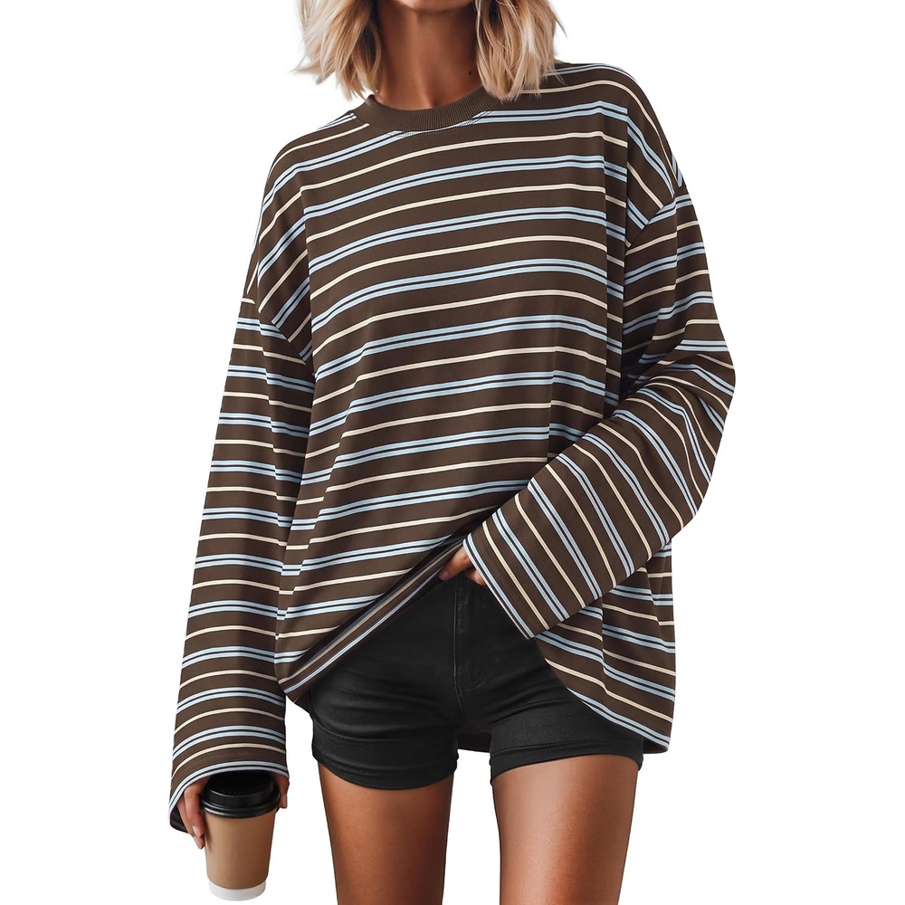 image:imageZESICA Womens Striped Oversized Fall Long Sleeve TShirts Y2K Going Out TopCoffee
