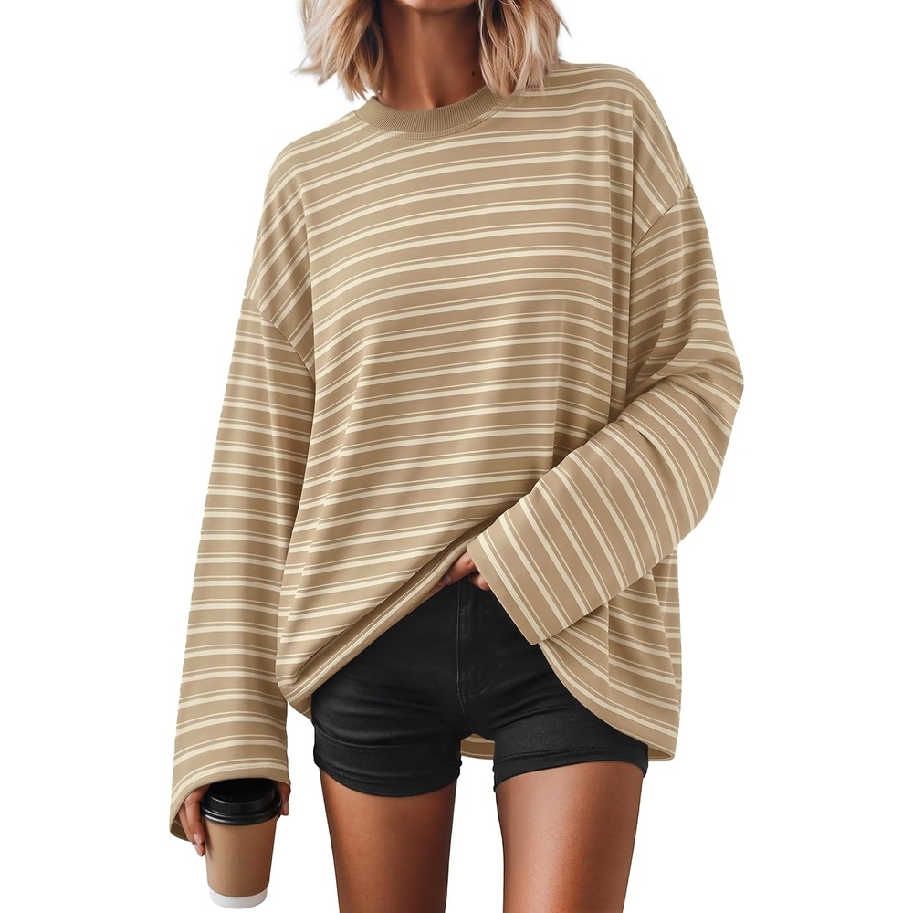 image:imageZESICA Womens Striped Oversized Fall Long Sleeve TShirts Y2K Going Out TopKhaki