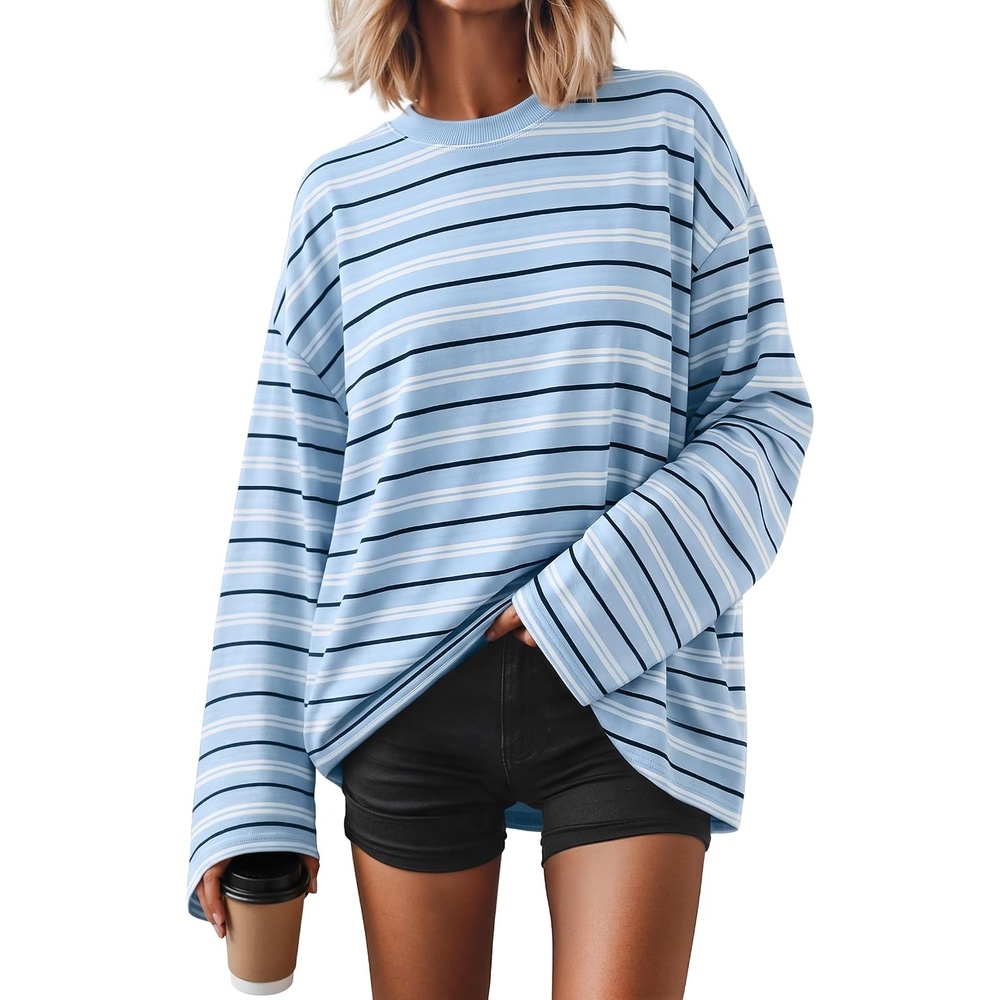 image:imageZESICA Womens Striped Oversized Fall Long Sleeve TShirts Y2K Going Out TopLight Blue