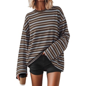 ZESICA Womens Striped Oversized Fall Long Sleeve T-Shirts Y2K Going Out Top(Coffee)