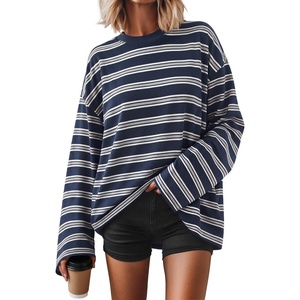 ZESICA Womens Striped Oversized Fall Long Sleeve T-Shirts Y2K Going Out Top(Navy)