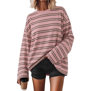 ZESICA Womens Striped Oversized Fall Long Sleeve T-Shirts Y2K Going Out Top(Pink)