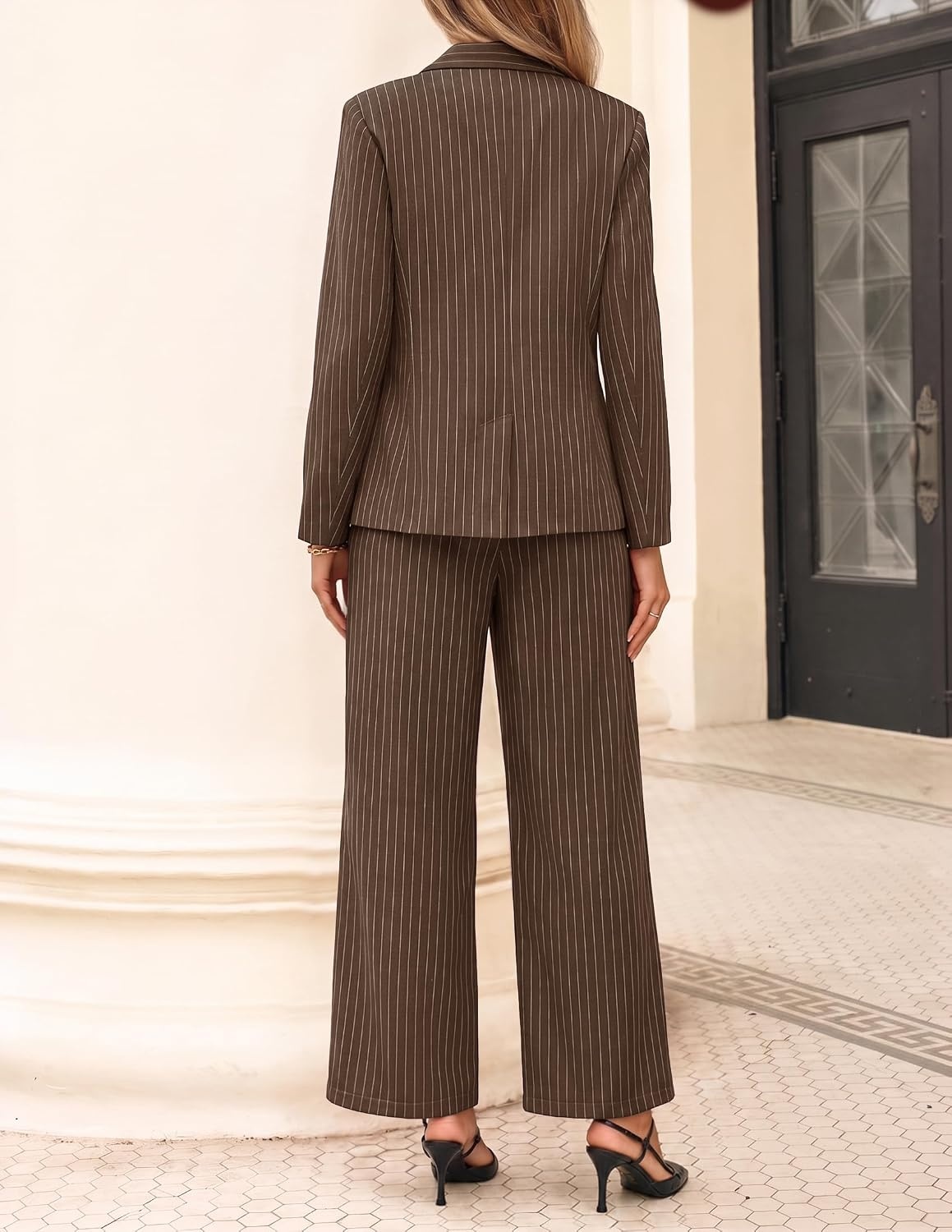 image:imageZESICA Womens 2 Piece Striped Suit Sets Business Casual OutfitsBrown