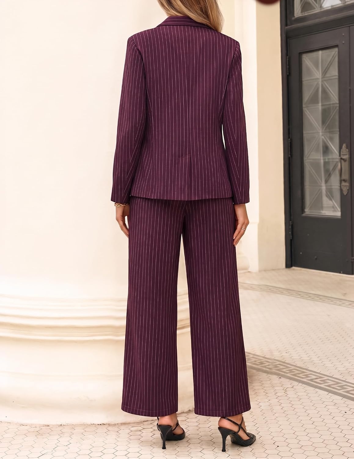 image:imageZESICA Womens 2 Piece Striped Suit Sets Business Casual OutfitsBurgundy