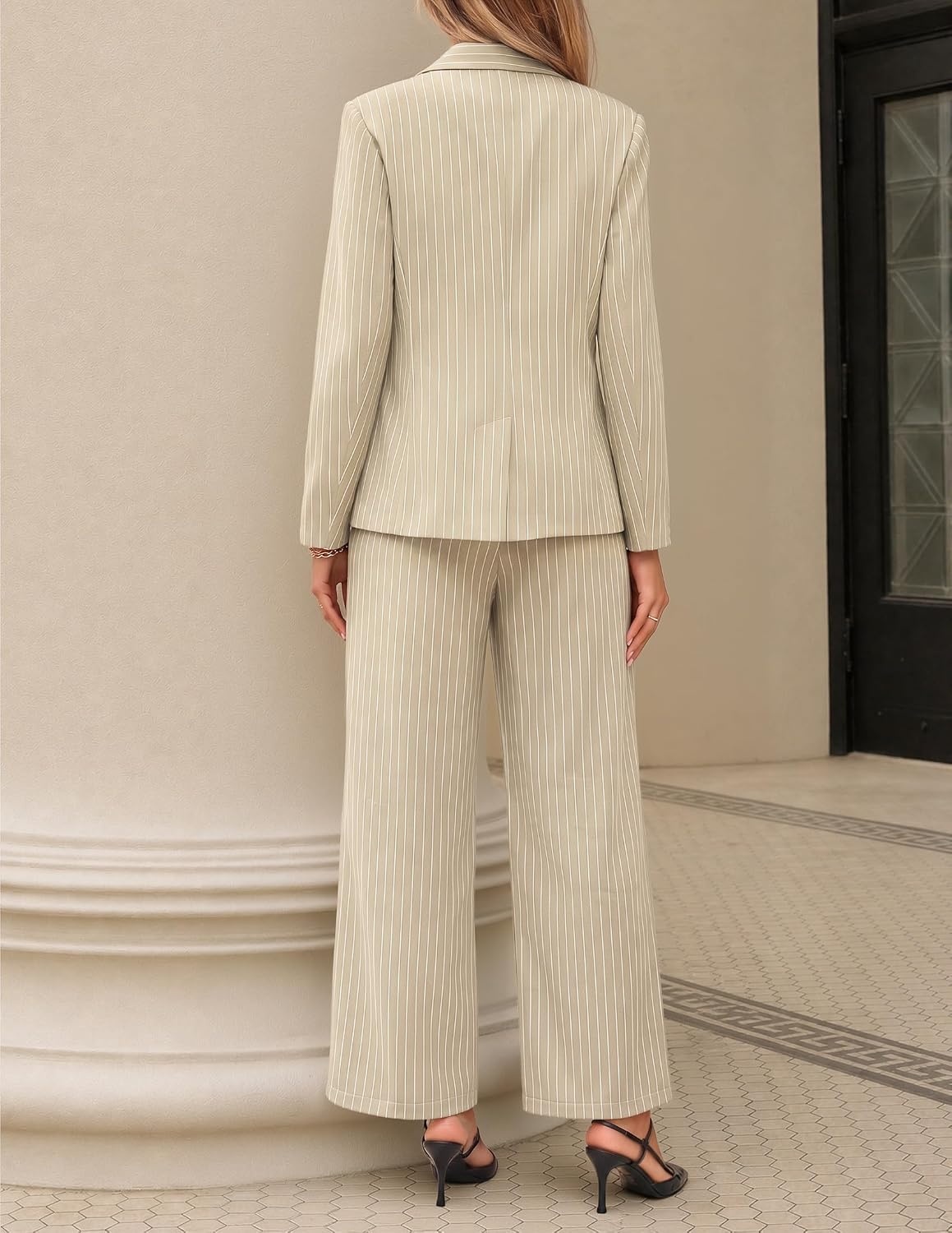 image:imageZESICA Womens 2 Piece Striped Suit Sets Business Casual OutfitsLightkhaki