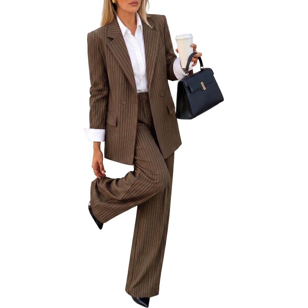 image:imageZESICA Womens 2 Piece Striped Suit Sets Business Casual OutfitsBrown