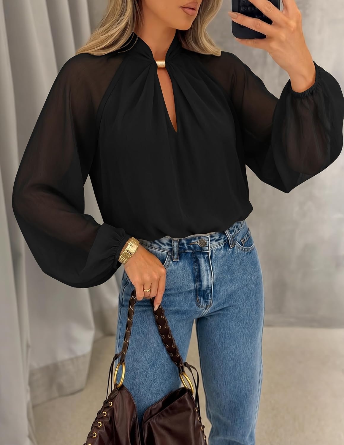 image:imageZESICA Womens Fall Long Sleeve Chiffon Blouses Dressy Casual Work TopsBlack