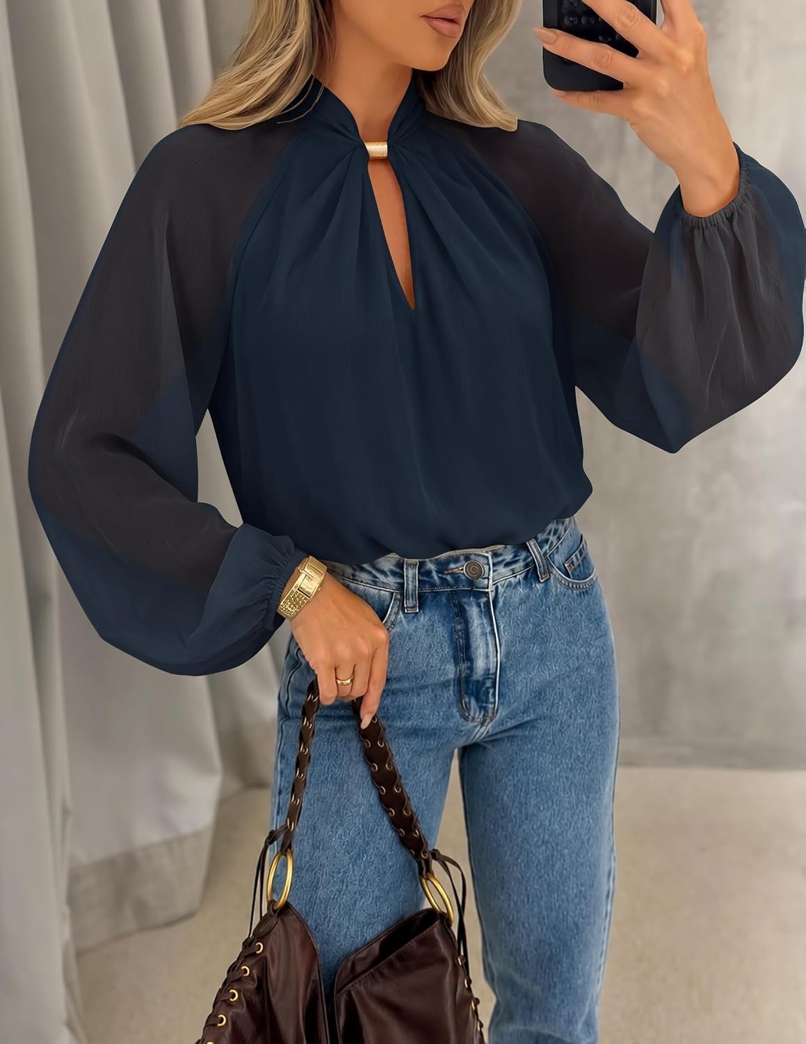 image:imageZESICA Womens Fall Long Sleeve Chiffon Blouses Dressy Casual Work TopsNavy