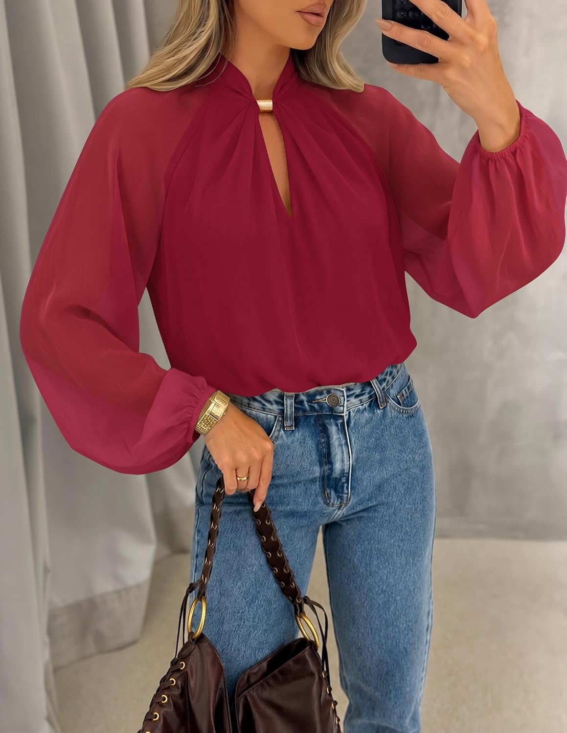 image:imageZESICA Womens Fall Long Sleeve Chiffon Blouses Dressy Casual Work TopsRed