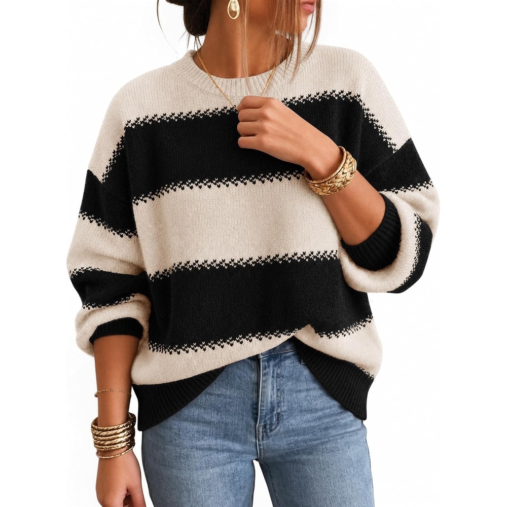 image:imageZESICA Womens 2026 Fall Oversized Striped Cozy Casual Long Sleeve SweatersBlack