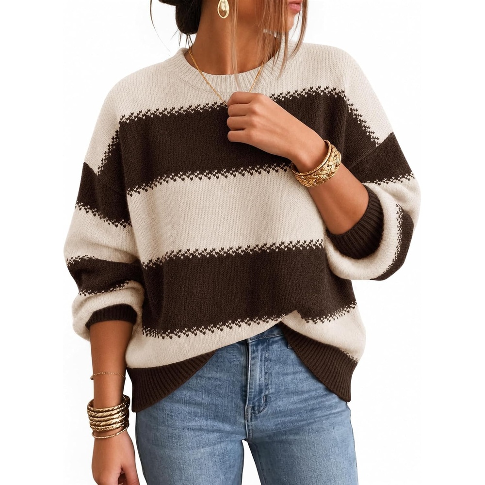 image:imageZESICA Womens 2026 Fall Oversized Striped Cozy Casual Long Sleeve SweatersCoffee