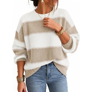 ZESICA Women’s 2026 Fall Oversized Striped Cozy Casual Long Sleeve Sweaters(Light Khaki)