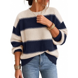 ZESICA Women’s 2026 Fall Oversized Striped Cozy Casual Long Sleeve Sweaters(Navy)