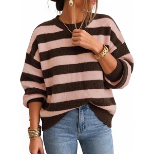 ZESICA Women’s 2026 Fall Oversized Striped Cozy Casual Long Sleeve Sweaters(Pink Coffee)