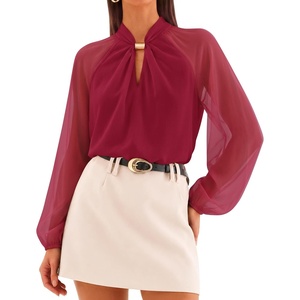 ZESICA Womens Fall Long Sleeve Chiffon Blouses Dressy Casual Work Tops(Red)