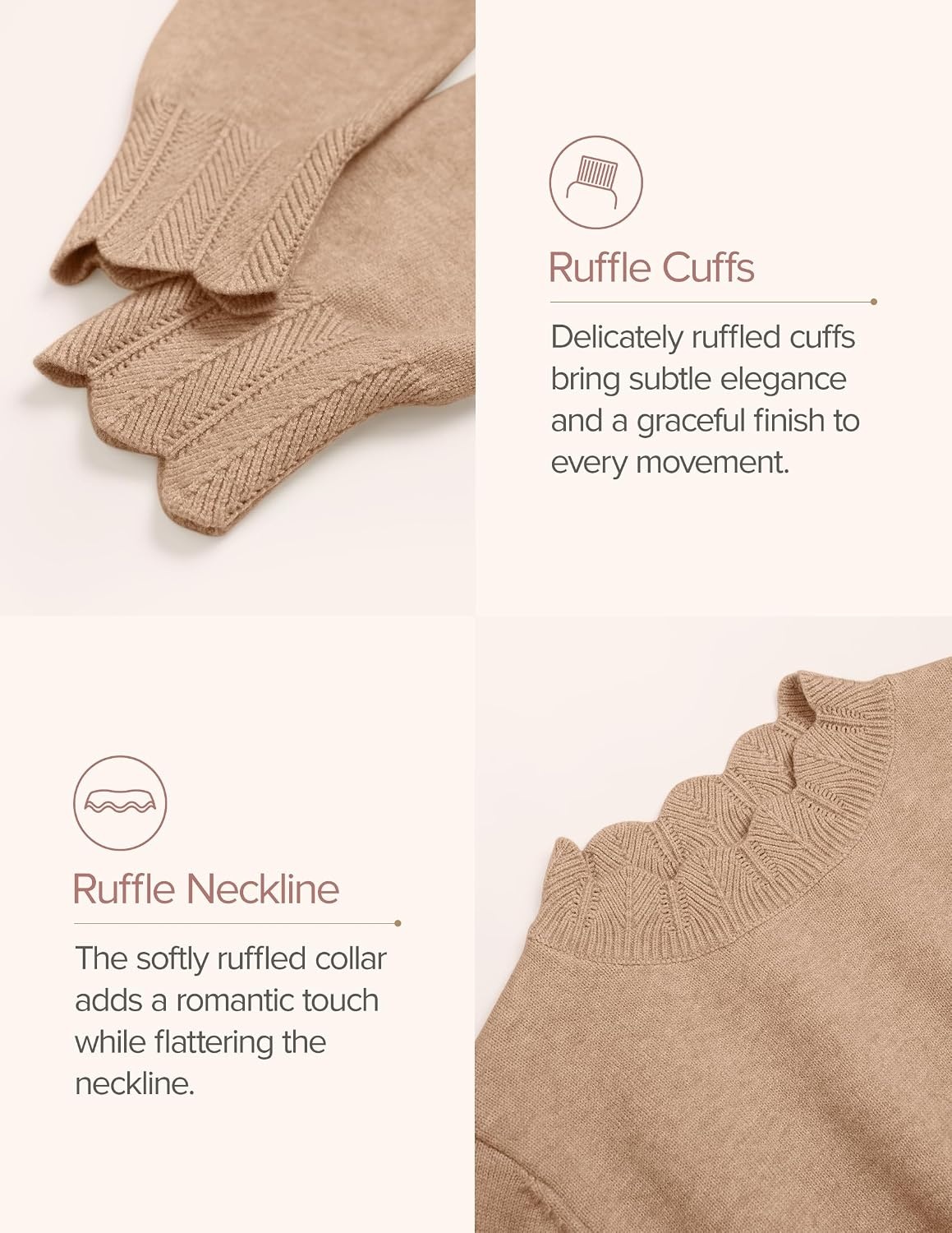image:imageZESICA Fall 2026 Scalloped Mock Neck Pullover Sweaters for WomenAlmond