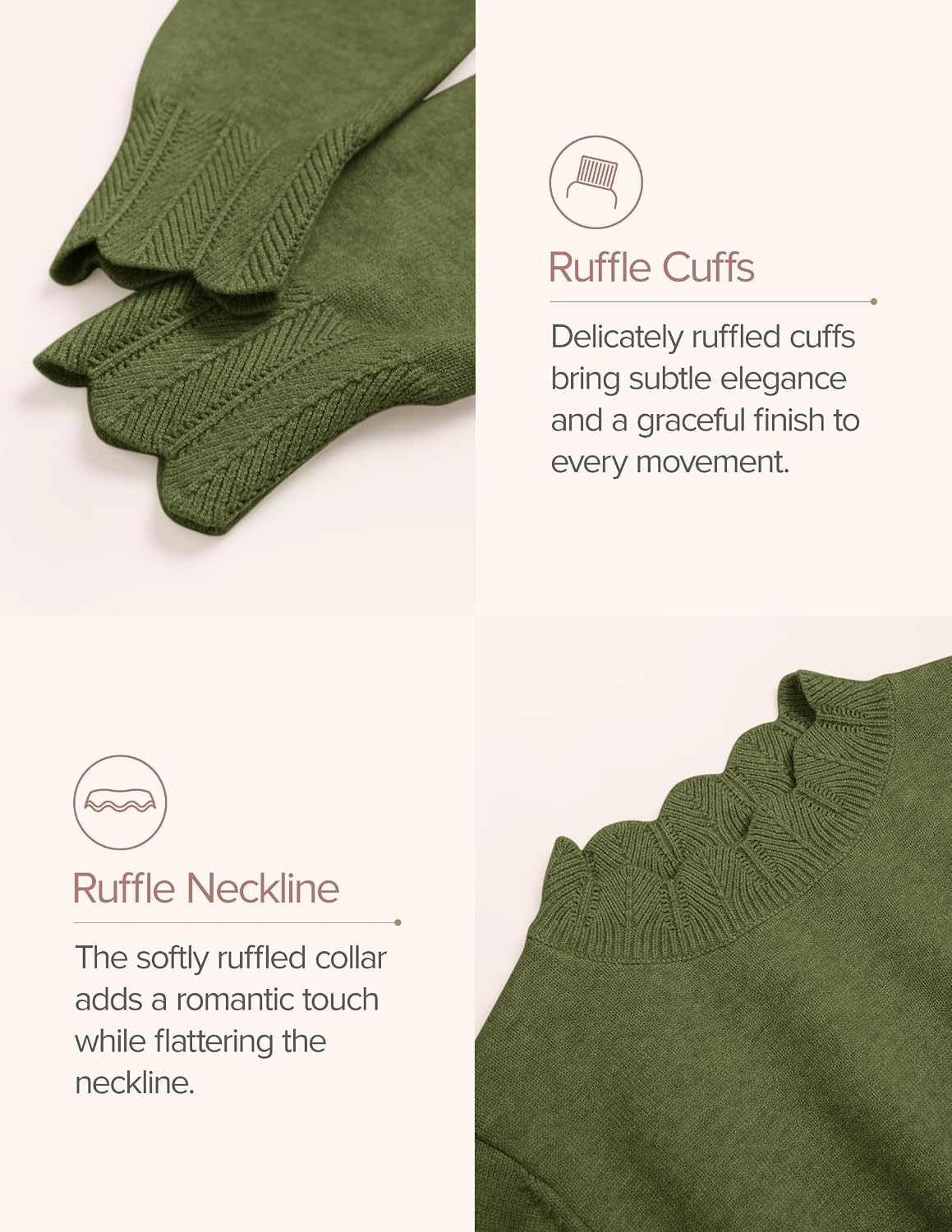 image:imageZESICA Fall 2026 Scalloped Mock Neck Pullover Sweaters for WomenArmygreen