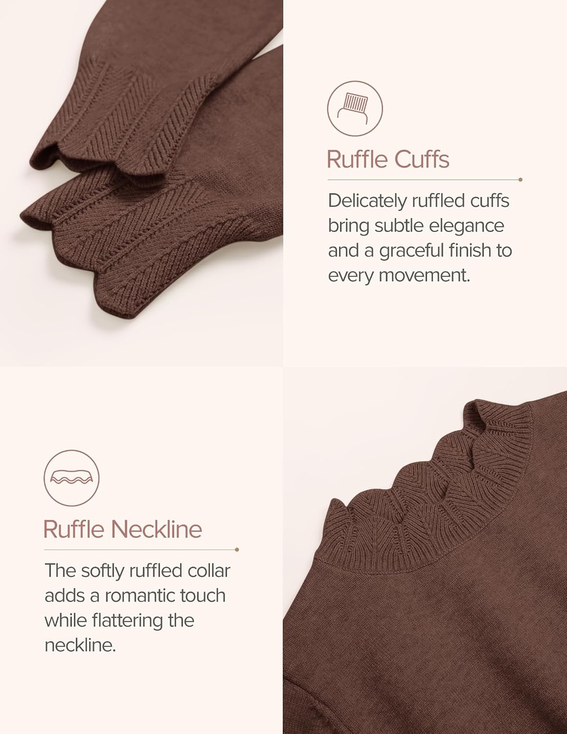 image:imageZESICA Fall 2026 Scalloped Mock Neck Pullover Sweaters for WomenBrown