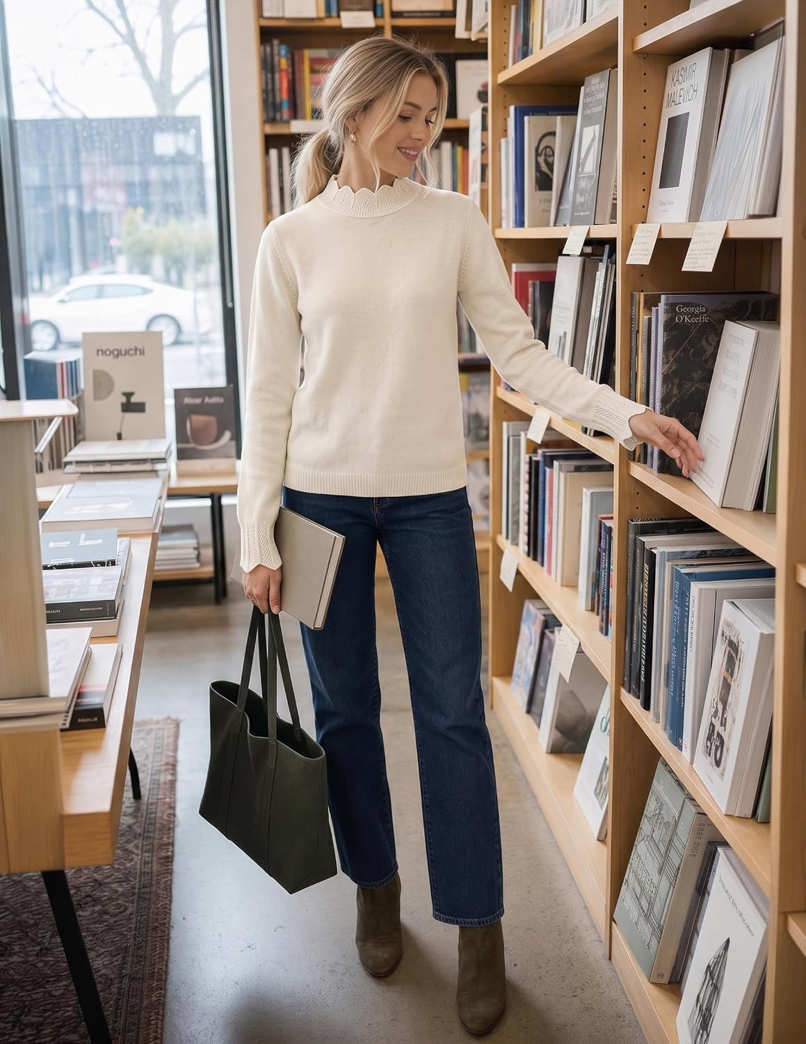 image:imageZESICA Fall 2026 Scalloped Mock Neck Pullover Sweaters for WomenWhite
