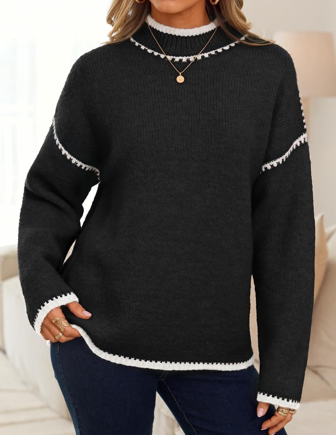 image:imageZESICA Fall Sweater for Women Mock Neck Oversized OutfitsBlack