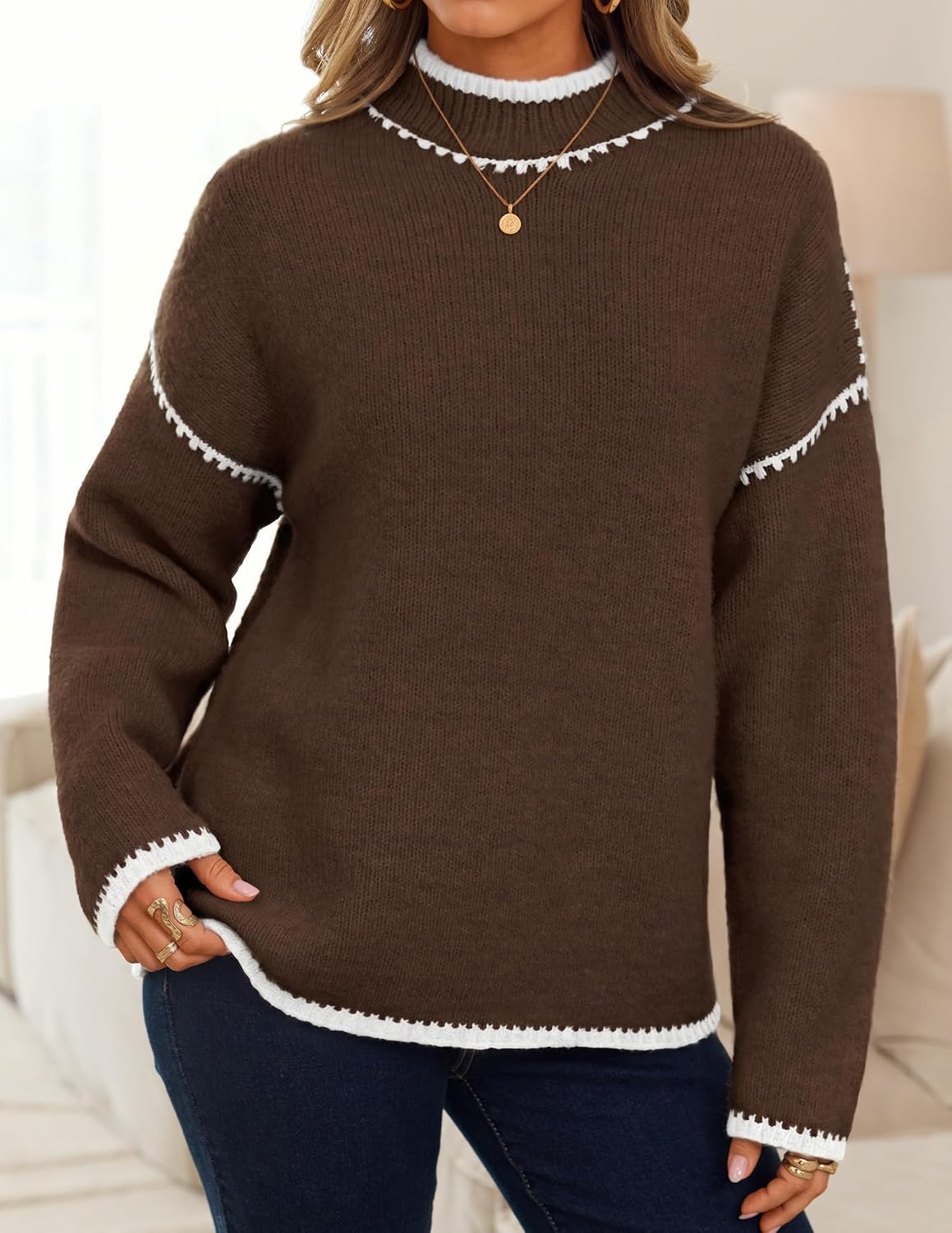 image:imageZESICA Fall Sweater for Women Mock Neck Oversized OutfitsCoffee