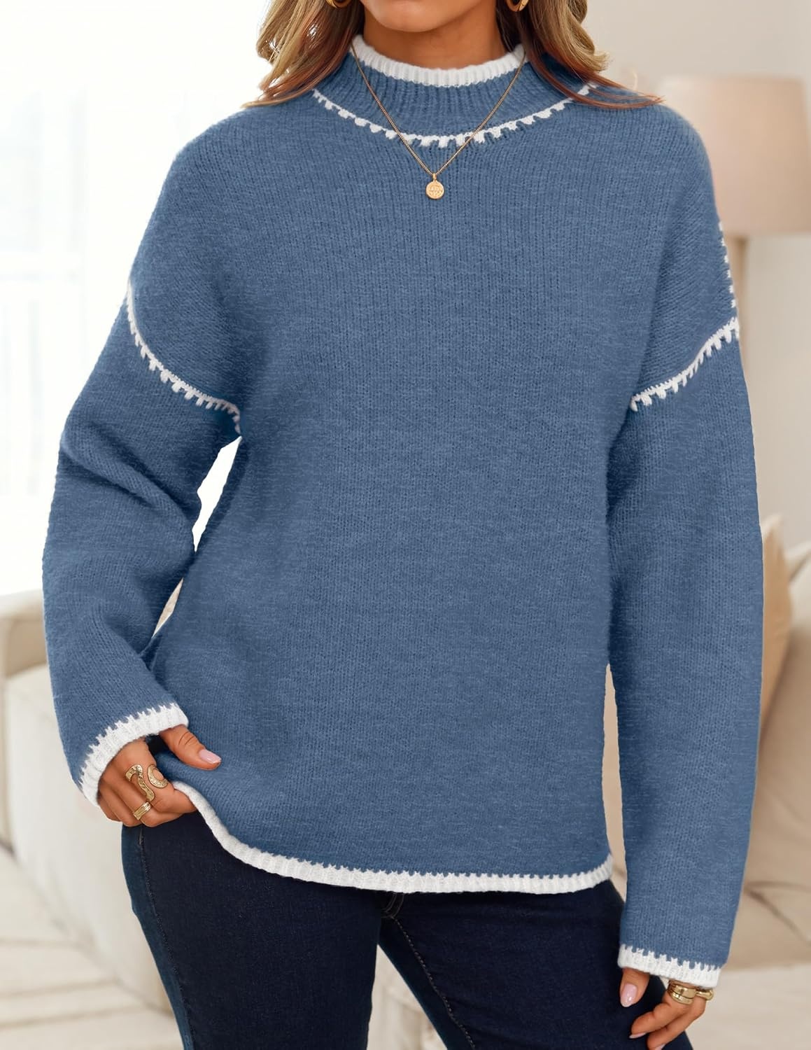 image:imageZESICA Fall Sweater for Women Mock Neck Oversized OutfitsDustyblue