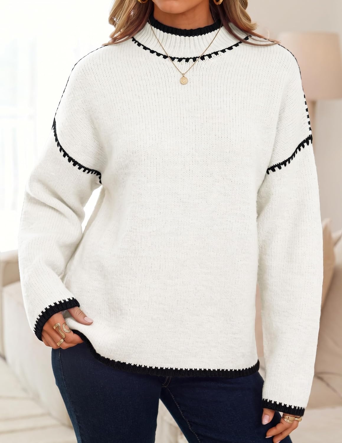image:imageZESICA Fall Sweater for Women Mock Neck Oversized OutfitsWhite