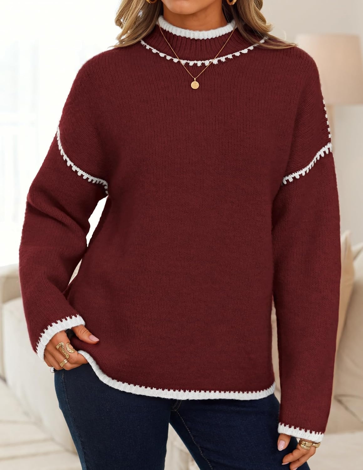 image:imageZESICA Fall Sweater for Women Mock Neck Oversized OutfitsWine